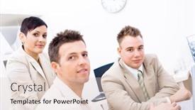  Presentation with three - Presentation theme with three-business-colleagues-using-laptop background and a lemonade colored foreground