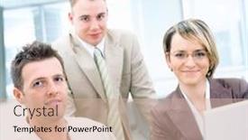  Presentation with working together - Slide deck with three-business-colleagues-working-together background and a soft green colored foreground