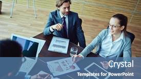  Presentation with business report - Cool new theme with three business people discussing financial report of one worker backdrop and a teal colored foreground