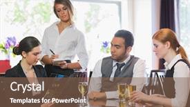  Presentation with business people moving gear - Slide set featuring three business people ordering dinner from waitress in a restaurant background and a violet colored foreground