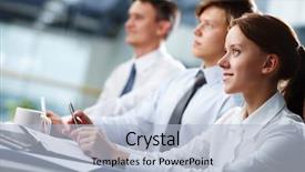  Presentation with focus - Beautiful slide deck featuring three business people sitting backdrop and a light blue colored foreground