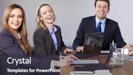  Presentation with conference table - PPT theme consisting of three business people sitting at conference table and have a laugh background and a tawny brown colored foreground