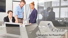  Presentation with consulting - Colorful theme enhanced with three-business-people backdrop and a light gray colored foreground