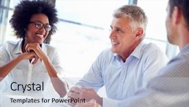  Presentation with working together - Presentation theme enhanced with three business professionals working together background and a light blue colored foreground