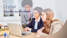  Presentation with business training - Presentation design featuring three business women in a training learn together on laptop computer background and a sky blue colored foreground