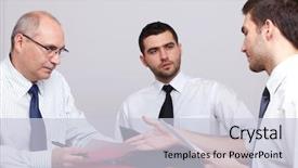  Presentation with meeting table - Beautiful PPT theme featuring three businessman one mature and two young ones sitting at table during meeting backdrop and a lemonade colored foreground