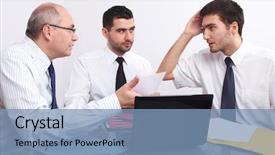  Presentation with meeting table - PPT theme having three businessman one mature and two young ones sitting at table during meeting background and a teal colored foreground