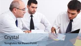  Presentation with meeting table - Audience pleasing slides consisting of three businessman one mature and two young ones sitting at table during meeting backdrop and a light blue colored foreground