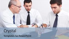  Presentation with meeting table - Audience pleasing presentation theme consisting of three businessman one mature and two young ones sitting at table during meeting backdrop and a light blue colored foreground