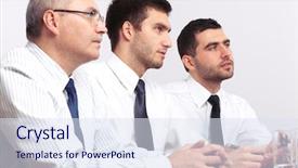  Presentation with meeting table - Amazing PPT layouts having three businessman one mature and two young ones sitting at table during meeting backdrop and a sky blue colored foreground