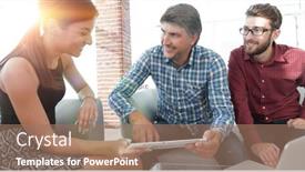  Presentation with lobby - Theme with three businesspeople sitting in office lobby smiling and working background and a coral colored foreground