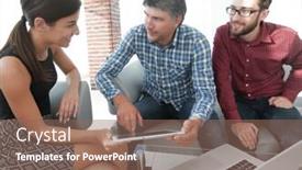  Presentation with lobby - Presentation consisting of three businesspeople sitting in office lobby smiling and working background and a violet colored foreground