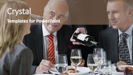  Presentation with restaurant downlodes - Beautiful presentation theme featuring three businesspeople talking at restaurant backdrop and a violet colored foreground