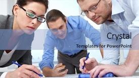  Presentation with pens and pencils - Presentation with three businesspeople with pencils bending background and a light blue colored foreground