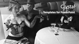  Presentation with retro - Colorful theme enhanced with three caucasian prime adult males in retro suits wooing caucasian prime adult female backdrop and a dark gray colored foreground