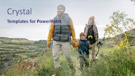  Presentation with three - PPT theme featuring three-cheerful-backpackers-in-warm background and a sky blue colored foreground