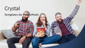  Presentation with popcorn - Presentation design having three cheerful friends eating popcorn background and a white colored foreground