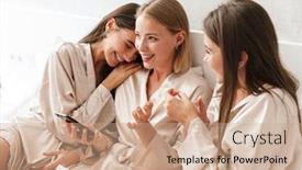  Presentation with mobile home - Colorful presentation design enhanced with three-cheerful-girls-friends-wearing backdrop and a coral colored foreground