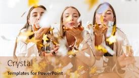  Presentation with confetti - Beautiful slide deck featuring three-cheerful-girls-friends-wearing backdrop and a coral colored foreground