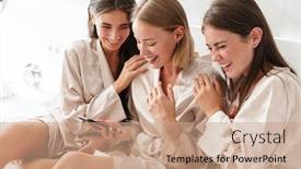  Presentation with mobile home - Beautiful PPT layouts featuring three-cheerful-girls-friends-wearing backdrop and a coral colored foreground