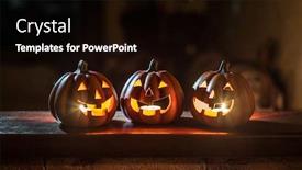  Presentation with halloween - Beautiful PPT theme featuring three-cheerful-glowing-halloween-pumpkins backdrop and a black colored foreground