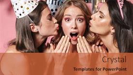  Presentation with pink birthday - Slide set enhanced with three cheerful pretty girls wearing dresses celebrating birthday while partying isolated over pink background kissing on cheek background and a red colored foreground