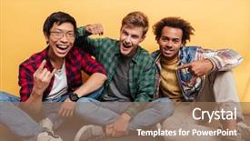  Presentation with virile young men - Audience pleasing slides consisting of three cheerful young men friends backdrop and a  colored foreground