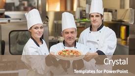  Presentation with little chef - Cool new PPT theme with three chef's holding a pizza while smiling backdrop and a coral colored foreground