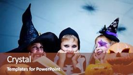  Presentation with children reading - Beautiful presentation theme featuring three children in halloween costumes reading a book among pumpkins looking at camera and smiling backdrop and a tawny brown colored foreground