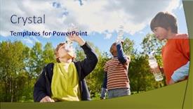  Presentation with summer drinking water - Amazing slide set having three children in the park are drinking thirstily from water bottles in the summer vacation backdrop and a sky blue colored foreground