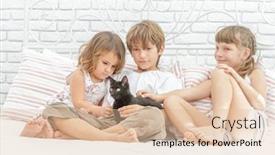  Presentation with black girls - Audience pleasing PPT theme consisting of three children kids boy and girls playing with black little cat kitten at home in bed backdrop and a lemonade colored foreground