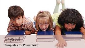  Presentation with children books - Audience pleasing theme consisting of three children laying down on books isolated backdrop and a coral colored foreground