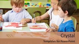  Presentation with children painting - Beautiful slide set featuring three children painting with watercolor backdrop and a coral colored foreground