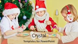  Presentation with christmas play - Beautiful theme featuring three children play in food sitting at table in room with decorated christmas tree backdrop and a lemonade colored foreground