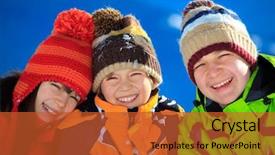  Presentation with children playing - Amazing PPT layouts having three children playing in winter snow with mountains in the background backdrop and a red colored foreground