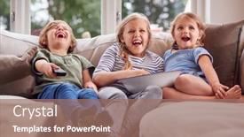  Presentation with popcorn - Beautiful PPT theme featuring three-children-sitting-on-sofa backdrop and a coral colored foreground