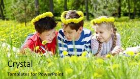  Presentation with rest - PPT theme featuring three children with dandelion wreaths having rest on grass background and a yellow colored foreground
