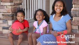  Presentation with children plush toy and dolls - PPT theme featuring three children with toys background and a violet colored foreground