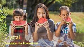  Presentation with children - Slide deck featuring three-children-with-watermelon-slices background and a violet colored foreground