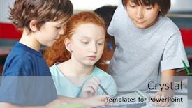  Presentation with school children - Slides with three-children-work-together background and a light blue colored foreground