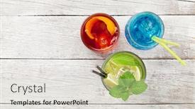  Presentation with lagoon - Cool new slide set with three classic cocktail glasses on wooden table negroni blue lagoon and mojito top view with copy space flat lay backdrop and a lemonade colored foreground