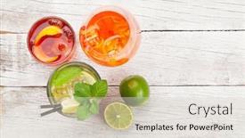  Presentation with classic - Slides featuring three classic cocktail glasses on wooden table negroni aperol spritz and mojito top view with copy space flat lay background and a lemonade colored foreground