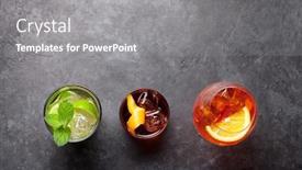  Presentation with cocktail - Presentation theme consisting of three classic cocktail glasses on stone table negroni aperol spritz and mojito top view with copy space flat lay background and a gray colored foreground