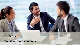  Presentation with office workers - Presentation theme featuring three co-workers discussing business background and a light gray colored foreground