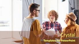  Presentation with utility workers - Beautiful PPT layouts featuring three co-workers in casualwear sitting cafe and discussing papers and ideas backdrop and a tawny brown colored foreground
