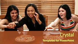  Presentation with share friends - Audience pleasing PPT theme consisting of three college friends sharing pizza backdrop and a  colored foreground