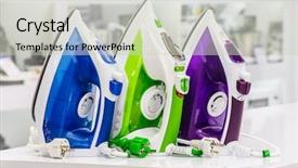  Presentation with electric retail - PPT theme enhanced with three colored electric irons at retail store shelf defocused background background and a soft green colored foreground