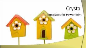  Presentation with white house - PPT theme featuring three colorful bright starling-houses background and a white colored foreground