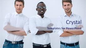  Presentation with three - Amazing PPT theme having three confident business men standing backdrop and a sky blue colored foreground