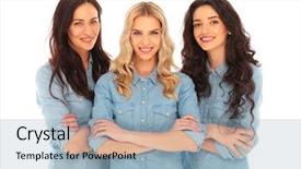  Presentation with three - Colorful theme enhanced with three confident casual women standing backdrop and a light blue colored foreground